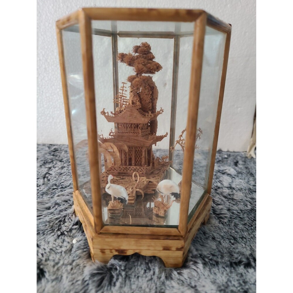 Vintage Chinese Cork Diorama Ruanmu Hua Pagoda Crane Wood Glass Display Case